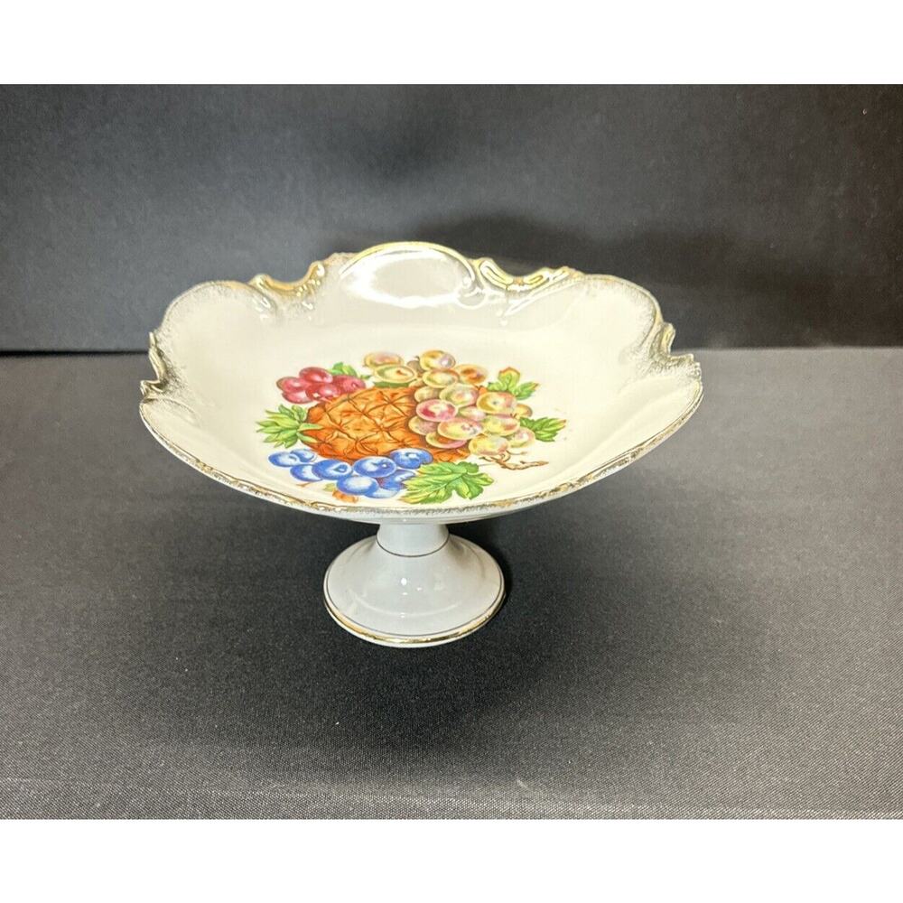 Nippon Yoko Boeki Hand Painted Fruit Pedestal Gold Scalloped Dish 1950s Japan